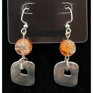 Handmade Abstract Square Clear Orange Crackle Glass Bead Earrings by Neanie-Bot